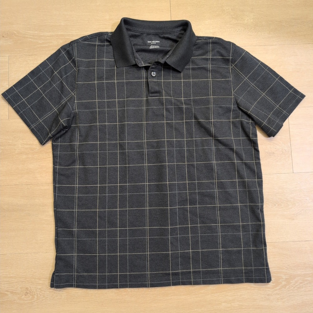 Van Heusen Flex Classic Fit Polo Shirt Mens Large Charcoal Grey Windowpane Grid